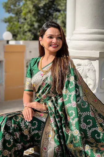 Green soft banarasi silk blend meenakari weaving saree with unstitched blouse