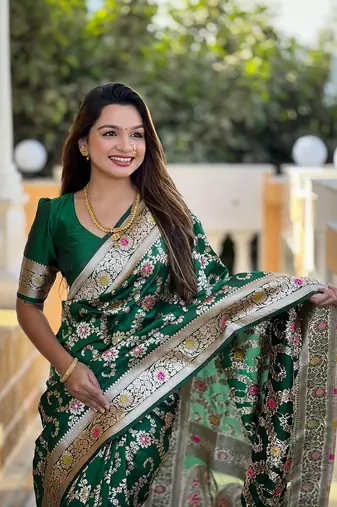 Green soft banarasi silk blend meenakari weaving saree with unstitched blouse