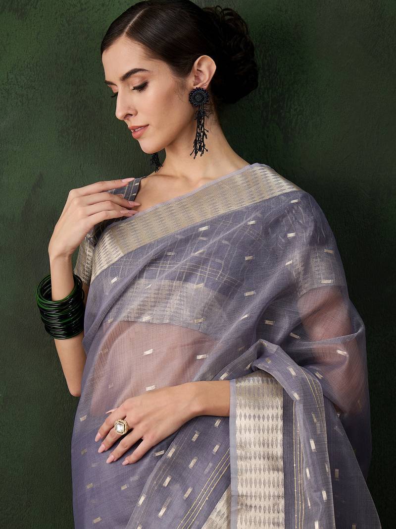grey Khadi Organza Jacquard Saree 