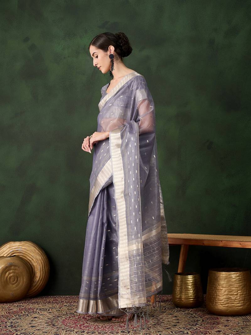 grey Khadi Organza Jacquard Saree 