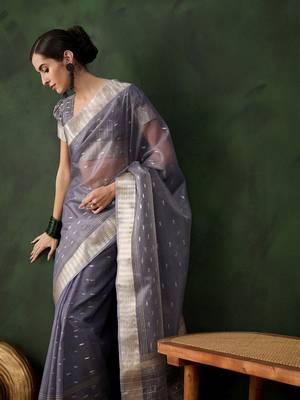 grey Khadi Organza Jacquard Saree  4