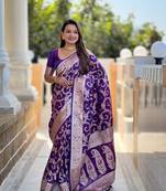 Purple soft banarasi silk blend meenakari weaving saree with unstitched blouse
