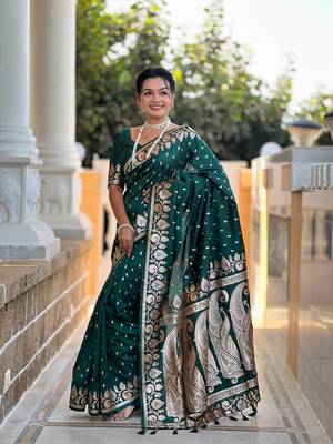 Green soft banarasi silk blend meenakari weaving saree with unstitched blouse 1