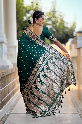 Green soft banarasi silk blend meenakari weaving saree with unstitched blouse
