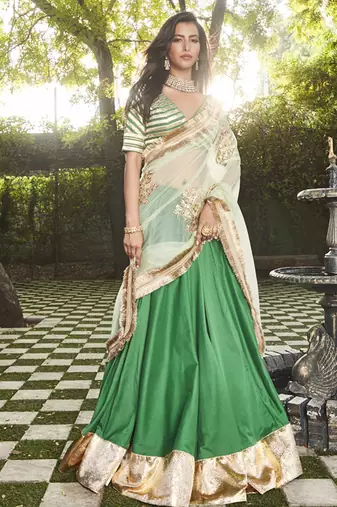 green silk plain Lehenga With Gota Border