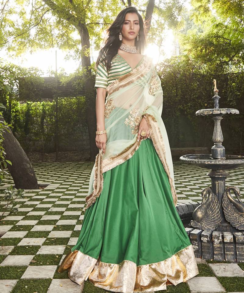 green silk plain Lehenga With Gota Border