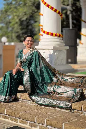 Green soft banarasi silk blend meenakari weaving saree with unstitched blouse