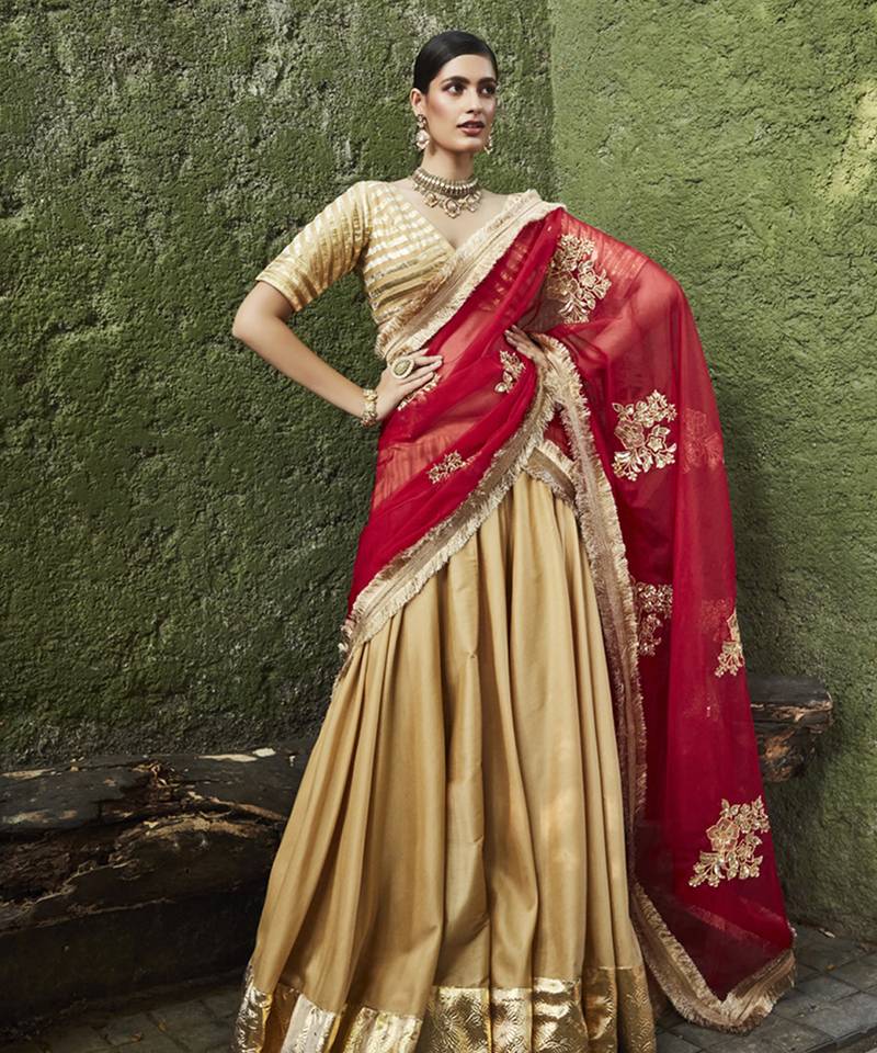 gold silk plain Lehenga With Gota Border