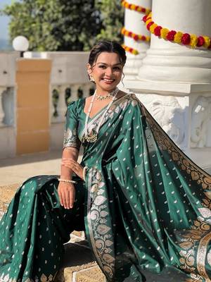 Green soft banarasi silk blend meenakari weaving saree with unstitched blouse 4