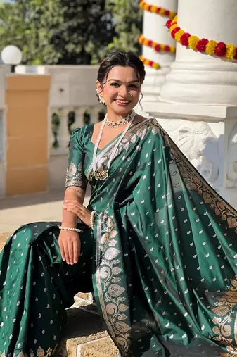 Green soft banarasi silk blend meenakari weaving saree with unstitched blouse