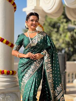 Green soft banarasi silk blend meenakari weaving saree with unstitched blouse 5