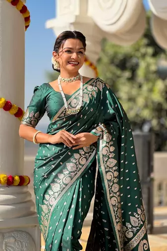 Green soft banarasi silk blend meenakari weaving saree with unstitched blouse