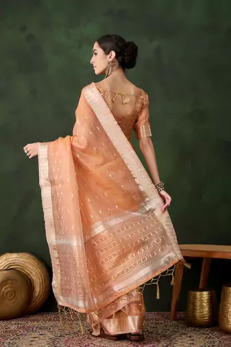 orange Khadi Organza Jacquard Saree 