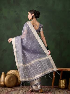 grey Khadi Organza Jacquard Saree  6