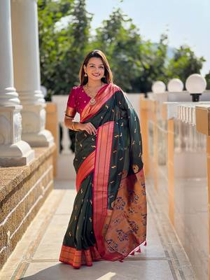 Green soft paithani silk blend meenakari weaving saree with unstitched blouse 1