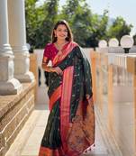 Green soft paithani silk blend meenakari weaving saree with unstitched blouse