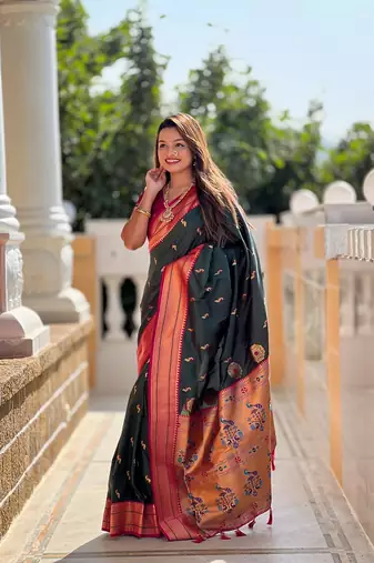 Green soft paithani silk blend meenakari weaving saree with unstitched blouse