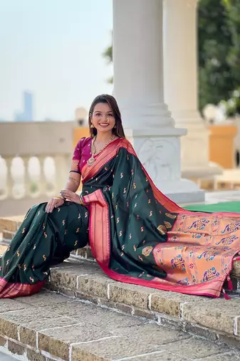 Green soft paithani silk blend meenakari weaving saree with unstitched blouse
