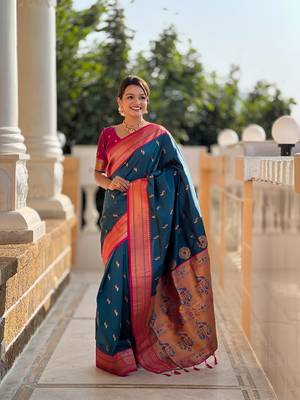 Teal soft paithani silk blend meenakari weaving saree with unstitched blouse 1