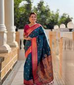 Teal soft paithani silk blend meenakari weaving saree with unstitched blouse