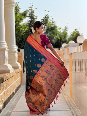 Teal soft paithani silk blend meenakari weaving saree with unstitched blouse 2
