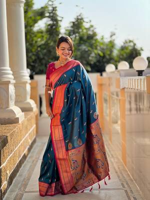 Teal soft paithani silk blend meenakari weaving saree with unstitched blouse 3