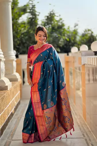 Teal soft paithani silk blend meenakari weaving saree with unstitched blouse