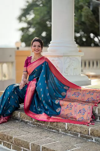 Teal soft paithani silk blend meenakari weaving saree with unstitched blouse