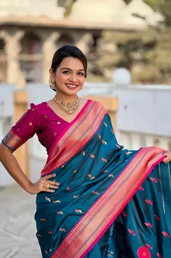 Teal soft paithani silk blend meenakari weaving saree with unstitched blouse
