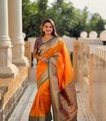 Mustard soft paithani silk blend meenakari weaving saree with unstitched blouse