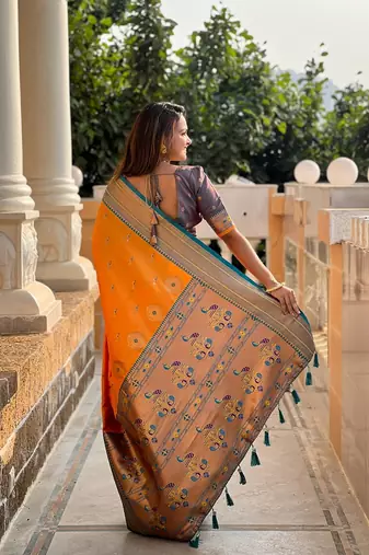 Mustard soft paithani silk blend meenakari weaving saree with unstitched blouse