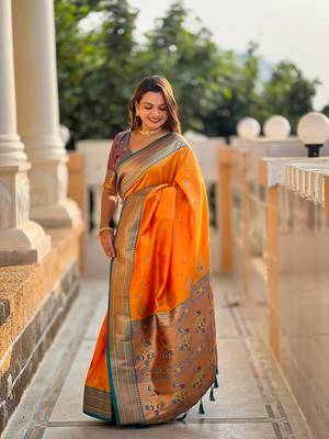 Mustard soft paithani silk blend meenakari weaving saree with unstitched blouse 3