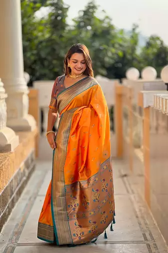 Mustard soft paithani silk blend meenakari weaving saree with unstitched blouse