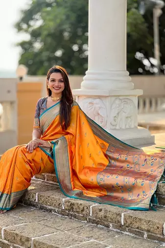 Mustard soft paithani silk blend meenakari weaving saree with unstitched blouse