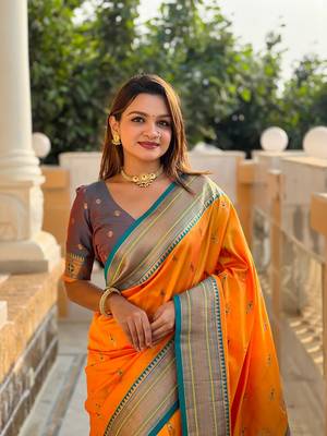 Mustard soft paithani silk blend meenakari weaving saree with unstitched blouse 5