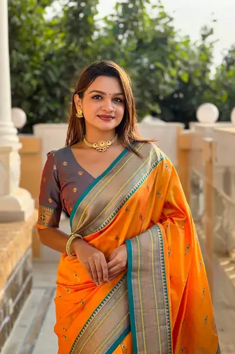 Mustard soft paithani silk blend meenakari weaving saree with unstitched blouse