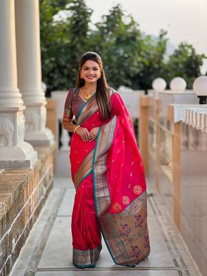 Ranipink soft paithani silk blend meenakari weaving saree with unstitched blouse 1