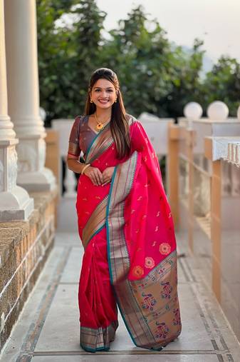 Ranipink soft paithani silk blend meenakari weaving saree with unstitched blouse