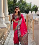 Ranipink soft paithani silk blend meenakari weaving saree with unstitched blouse