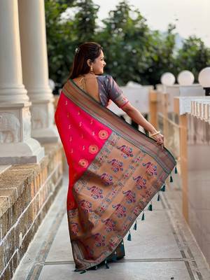 Ranipink soft paithani silk blend meenakari weaving saree with unstitched blouse 2