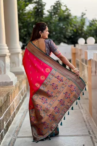 Ranipink soft paithani silk blend meenakari weaving saree with unstitched blouse