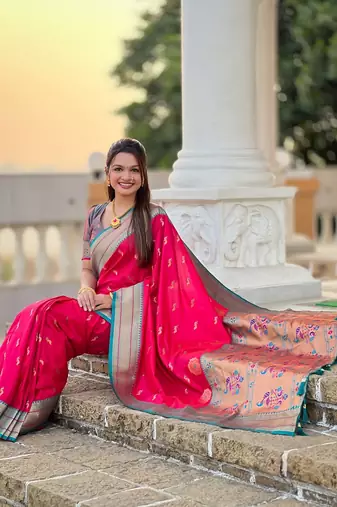 Ranipink soft paithani silk blend meenakari weaving saree with unstitched blouse