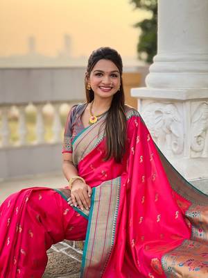 Ranipink soft paithani silk blend meenakari weaving saree with unstitched blouse 4