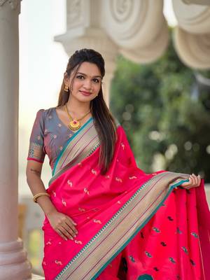 Ranipink soft paithani silk blend meenakari weaving saree with unstitched blouse 5