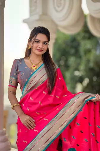 Ranipink soft paithani silk blend meenakari weaving saree with unstitched blouse