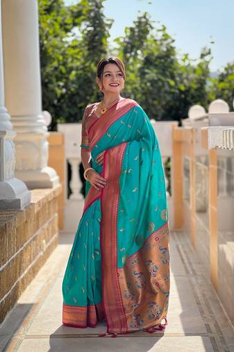 Rama soft paithani silk blend meenakari weaving saree with unstitched blouse