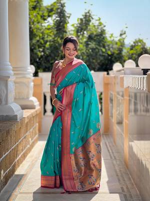 Rama soft paithani silk blend meenakari weaving saree with unstitched blouse 3