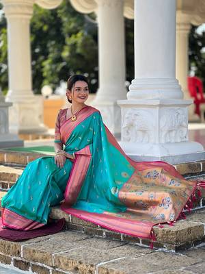 Rama soft paithani silk blend meenakari weaving saree with unstitched blouse 4