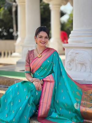 Rama soft paithani silk blend meenakari weaving saree with unstitched blouse 5