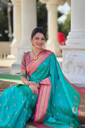 Rama soft paithani silk blend meenakari weaving saree with unstitched blouse